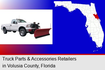 a pickup truck snowplow accessory; Volusia County highlighted in red on a map