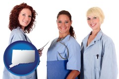 connecticut three female doctors wearing hospital uniforms