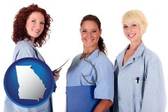 georgia three female doctors wearing hospital uniforms