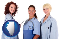illinois three female doctors wearing hospital uniforms