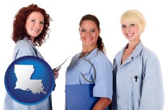 louisiana three female doctors wearing hospital uniforms