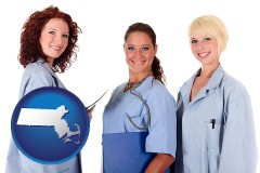 massachusetts three female doctors wearing hospital uniforms