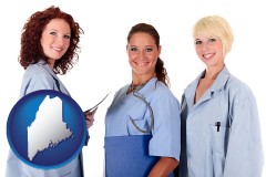 maine three female doctors wearing hospital uniforms