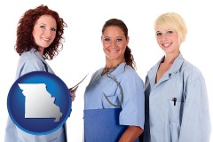 missouri three female doctors wearing hospital uniforms