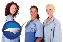 north-carolina three female doctors wearing hospital uniforms