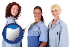 ohio three female doctors wearing hospital uniforms