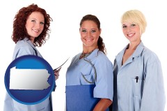 pennsylvania three female doctors wearing hospital uniforms