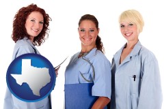 texas three female doctors wearing hospital uniforms