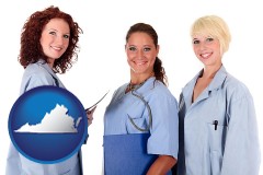 virginia three female doctors wearing hospital uniforms