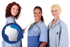 wisconsin three female doctors wearing hospital uniforms