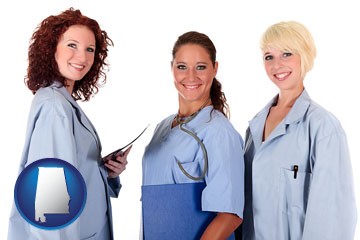 three female doctors wearing hospital uniforms - with Alabama icon