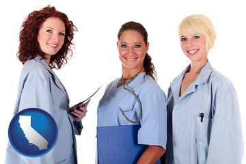 three female doctors wearing hospital uniforms - with California icon