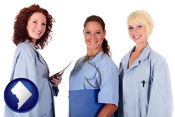three female doctors wearing hospital uniforms - with Washington, DC icon