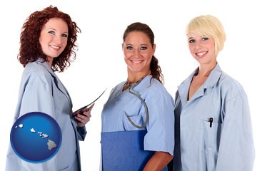 three female doctors wearing hospital uniforms - with Hawaii icon