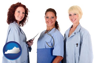three female doctors wearing hospital uniforms - with Kentucky icon