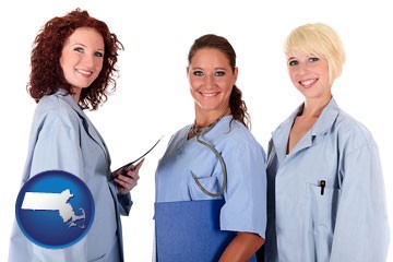 three female doctors wearing hospital uniforms - with Massachusetts icon