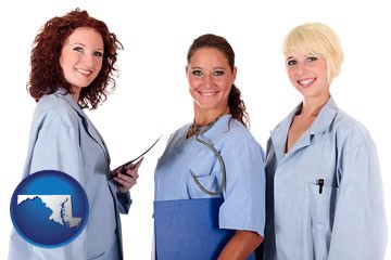 three female doctors wearing hospital uniforms - with Maryland icon