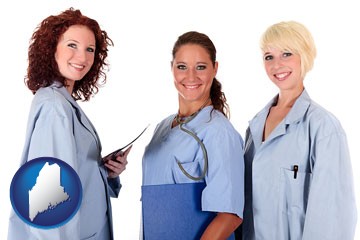 three female doctors wearing hospital uniforms - with Maine icon