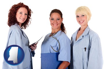 three female doctors wearing hospital uniforms - with Mississippi icon