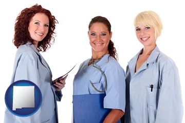 three female doctors wearing hospital uniforms - with New Mexico icon