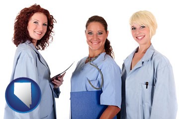 three female doctors wearing hospital uniforms - with Nevada icon