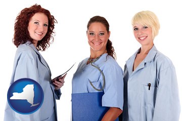 three female doctors wearing hospital uniforms - with New York icon