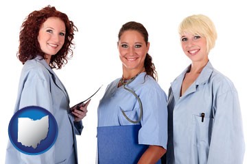 three female doctors wearing hospital uniforms - with Ohio icon