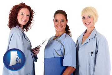 three female doctors wearing hospital uniforms - with Rhode Island icon