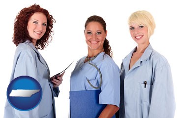 three female doctors wearing hospital uniforms - with Tennessee icon