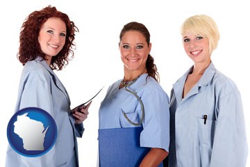 three female doctors wearing hospital uniforms - with Wisconsin icon