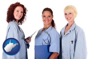 three female doctors wearing hospital uniforms - with West Virginia icon