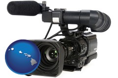 hawaii map icon and a professional-grade video camera
