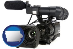 iowa map icon and a professional-grade video camera