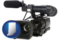indiana map icon and a professional-grade video camera