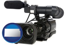 kansas map icon and a professional-grade video camera