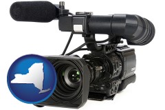 new-york map icon and a professional-grade video camera