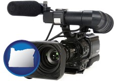 oregon map icon and a professional-grade video camera