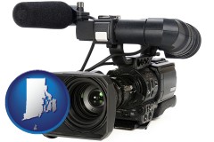 rhode-island map icon and a professional-grade video camera