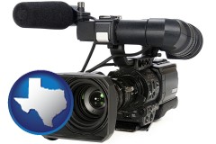 texas map icon and a professional-grade video camera