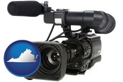 virginia map icon and a professional-grade video camera