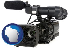 wisconsin map icon and a professional-grade video camera