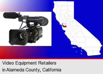a professional-grade video camera; Alameda County highlighted in red on a map