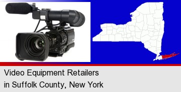 a professional-grade video camera; Suffolk County highlighted in red on a map
