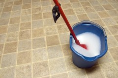 a mop and bucket on a vinyl kitchen floor