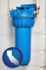 california map icon and a water treatment filter