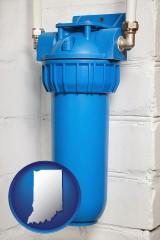 indiana map icon and a water treatment filter