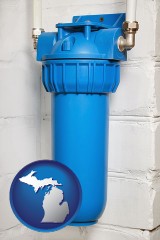 michigan map icon and a water treatment filter