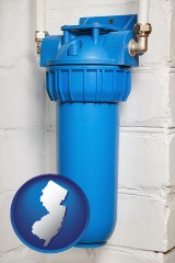 new-jersey map icon and a water treatment filter
