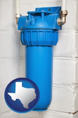 texas map icon and a water treatment filter