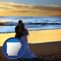 arkansas map icon and a beach wedding at sunset